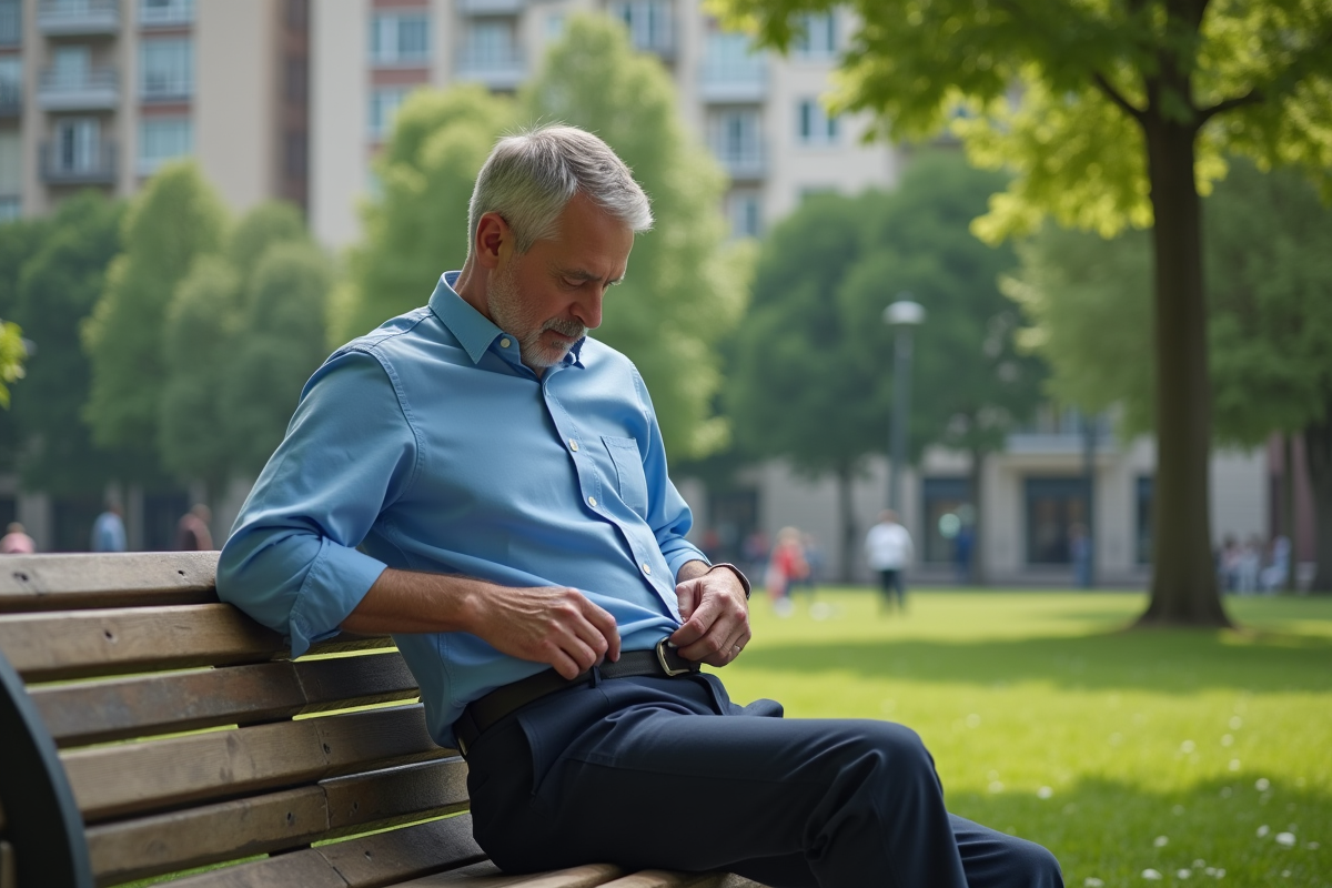 Homme dans un parc dézippant sa veste