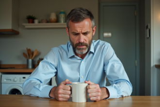 Homme d'âge moyen au visage pensif dans une cuisine lumineuse