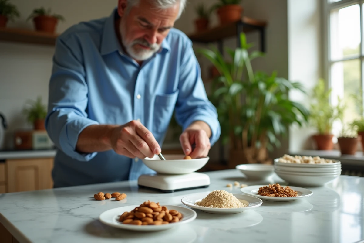 Homme pese amandes sur comptoir en cuisine lumineuse