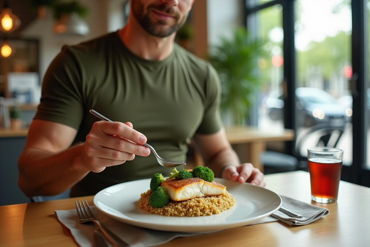 Homme sportif choisissant un plat de poisson au café lumineux