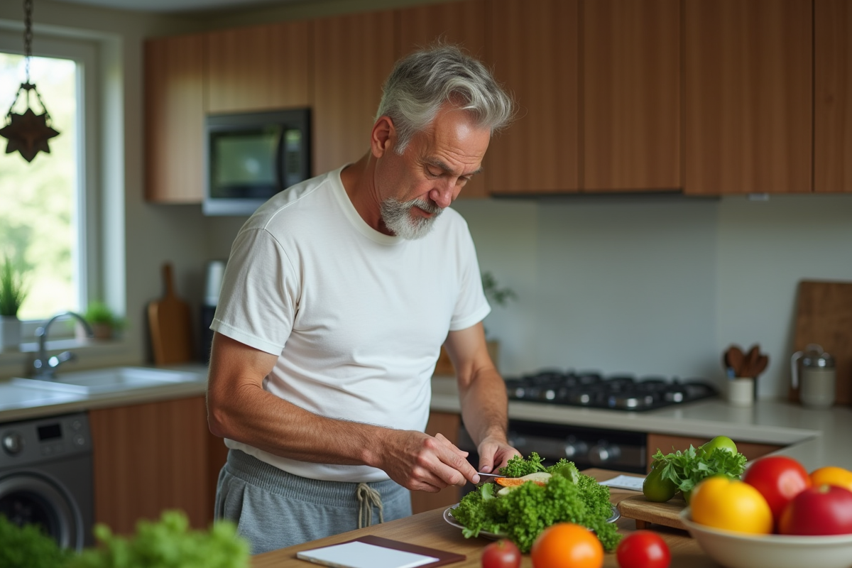 Homme préparant une salade de légumes dans une cuisine chaleureuse