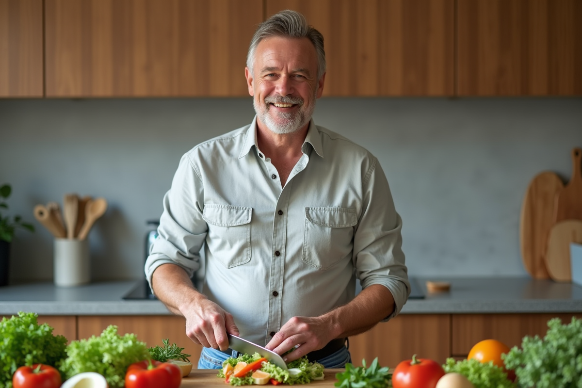 Homme préparant une salade dans une cuisine moderne