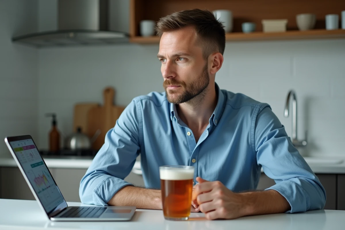 Homme pensif avec boisson ambrée dans une cuisine moderne