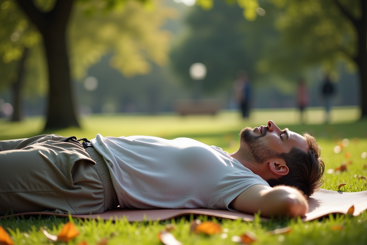 Homme détendu allongé dans un parc en plein soleil