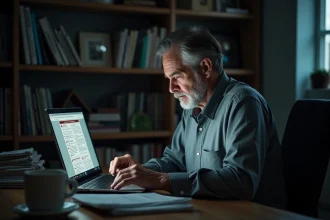 Homme d'âge mûr lisant des rumeurs en ligne sur son ordinateur portable dans un bureau à domicile, illustrant la propagation des fausses informations