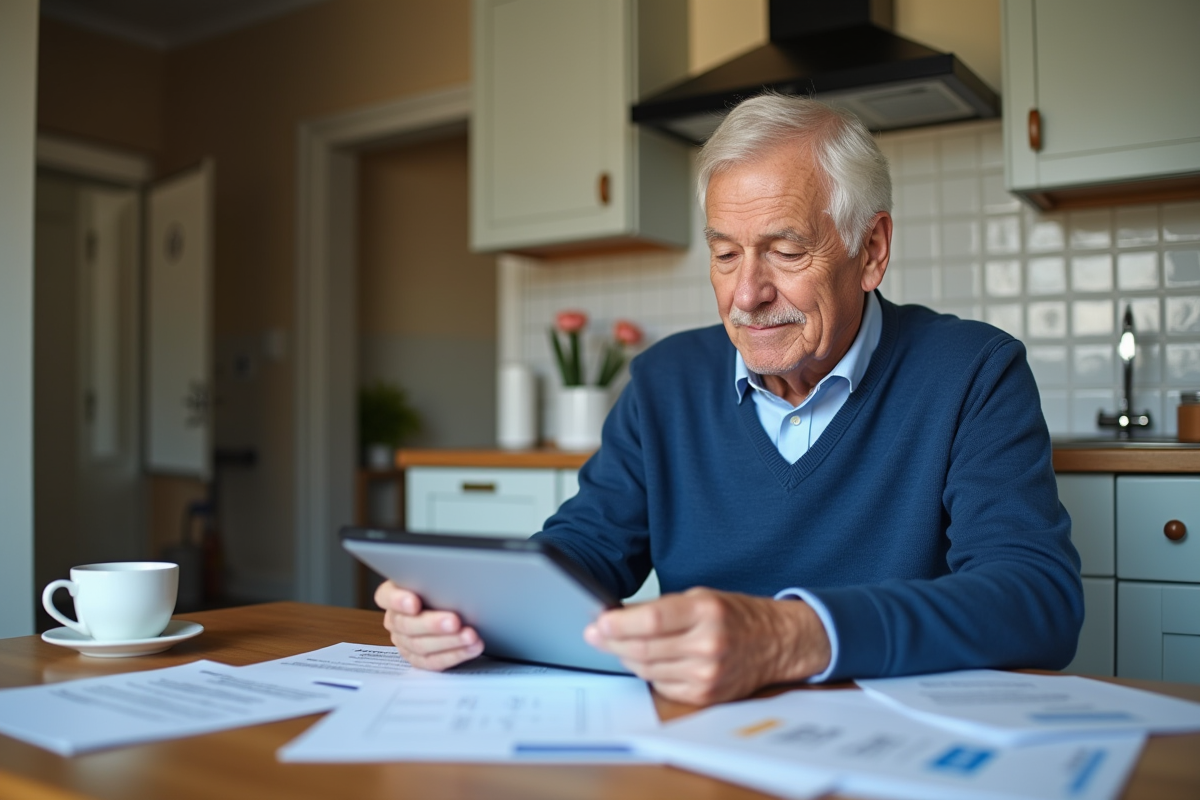 Homme senior vérifiant ses papiers dans une cuisine lumineuse