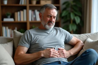Homme d'âge moyen en T-shirt gris touchant son côté douleur