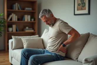 Homme d'âge moyen se grattant le dos dans un salon