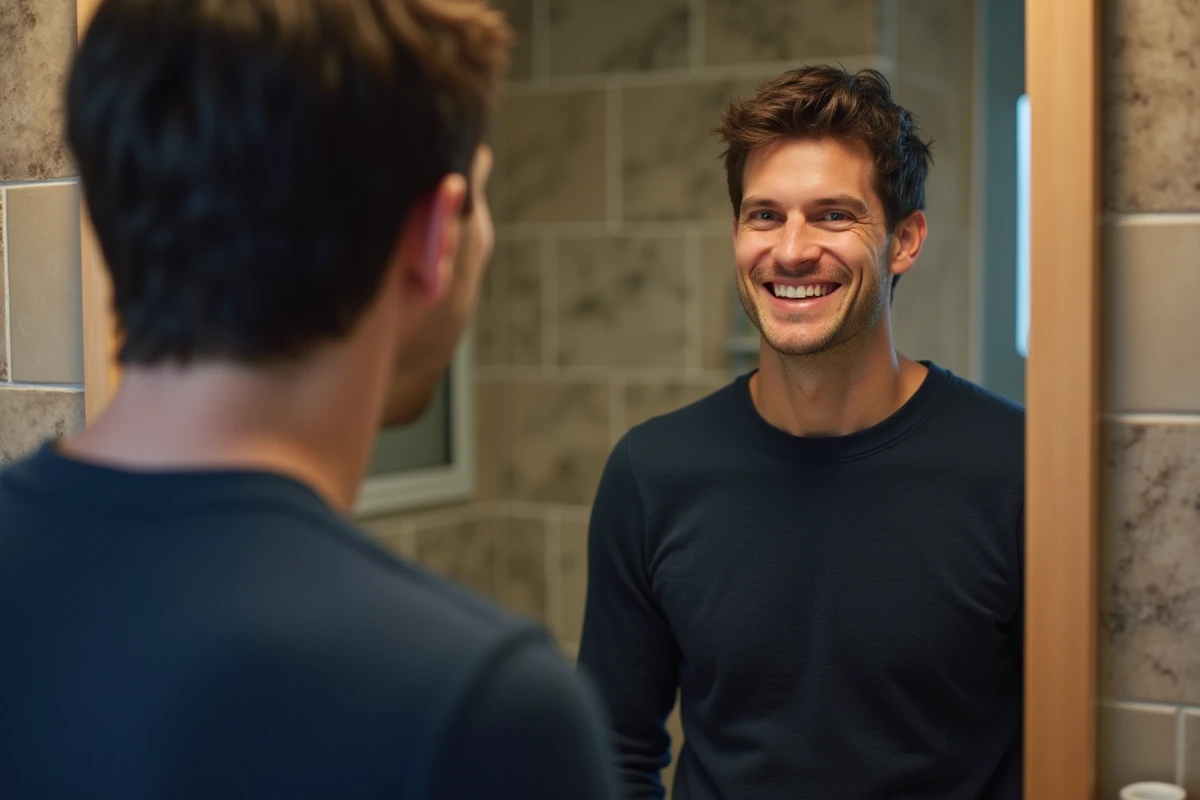 Homme inspectant son sourire dans un miroir de salle de bain après un traitement d'alignement dentaire The Smilist