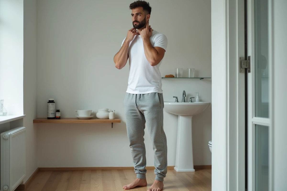 Homme surveillant ses symptômes de la maladie de Ménière dans sa salle de bain avec des suppléments naturels en arrière-plan