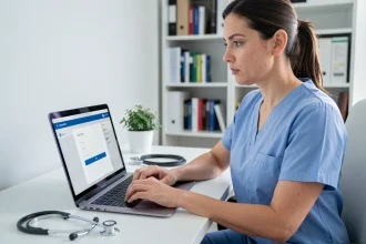 Infirmière en blouse bleue se connectant à l'interface Netsoins sur un ordinateur portable dans un bureau hospitalier