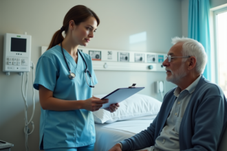 Infirmière en blouse parlant avec un patient âgé dans un hôpital