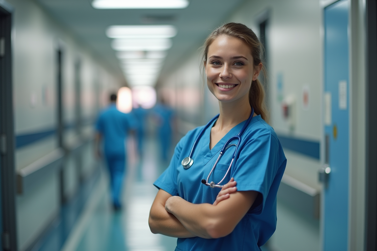 Infirmiere en blouse bleue dans le couloir d