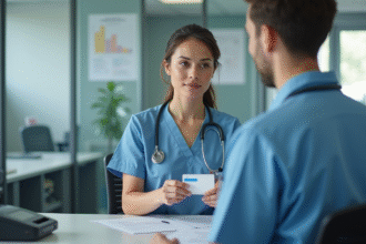 Infirmière en blouse hospitalière distribuant une carte CPS