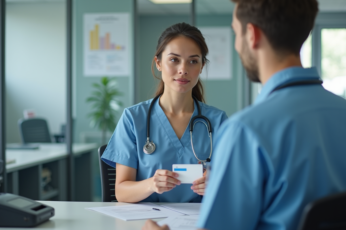 Infirmière en blouse hospitalière distribuant une carte CPS