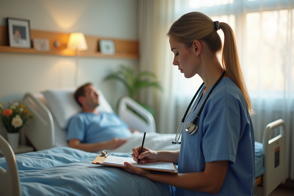 Infirmière écrivant sur un clipboard dans une salle calme