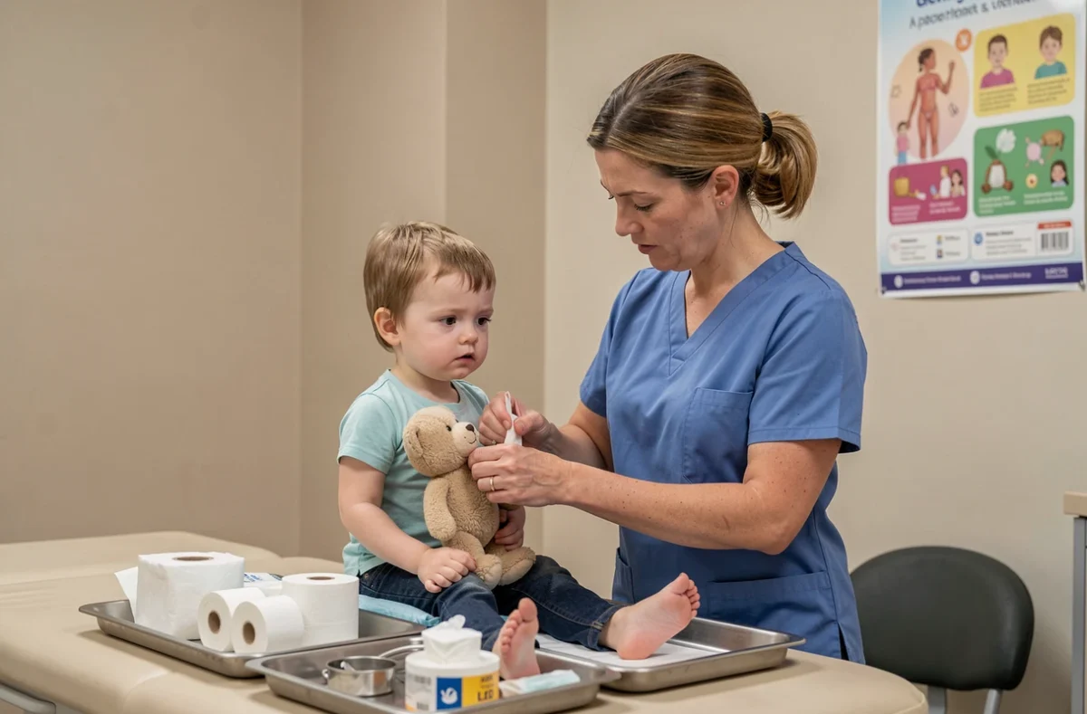 Infirmière pédiatrique appliquant un pansement stérile sur le doigt d'un enfant dans un cabinet médical