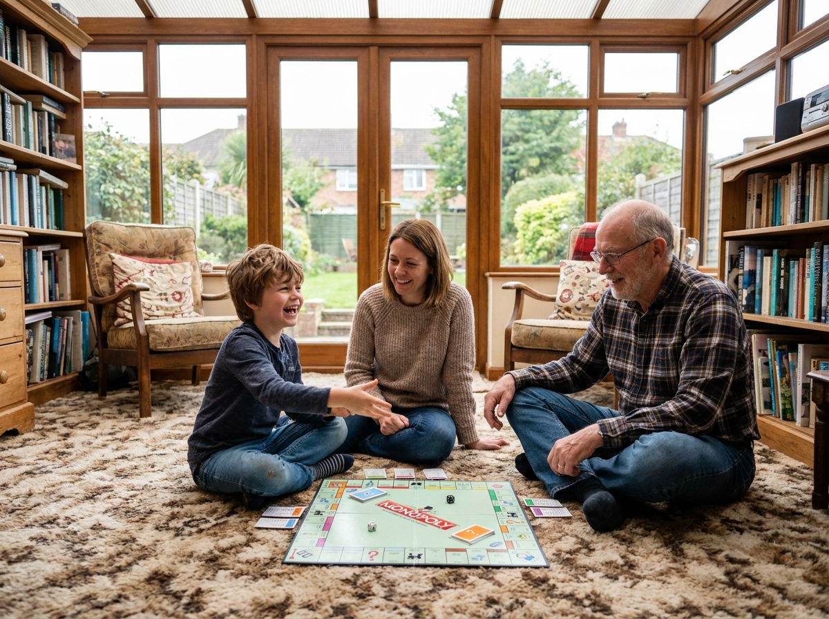 Famille jouant à un jeu de société dans le salon
