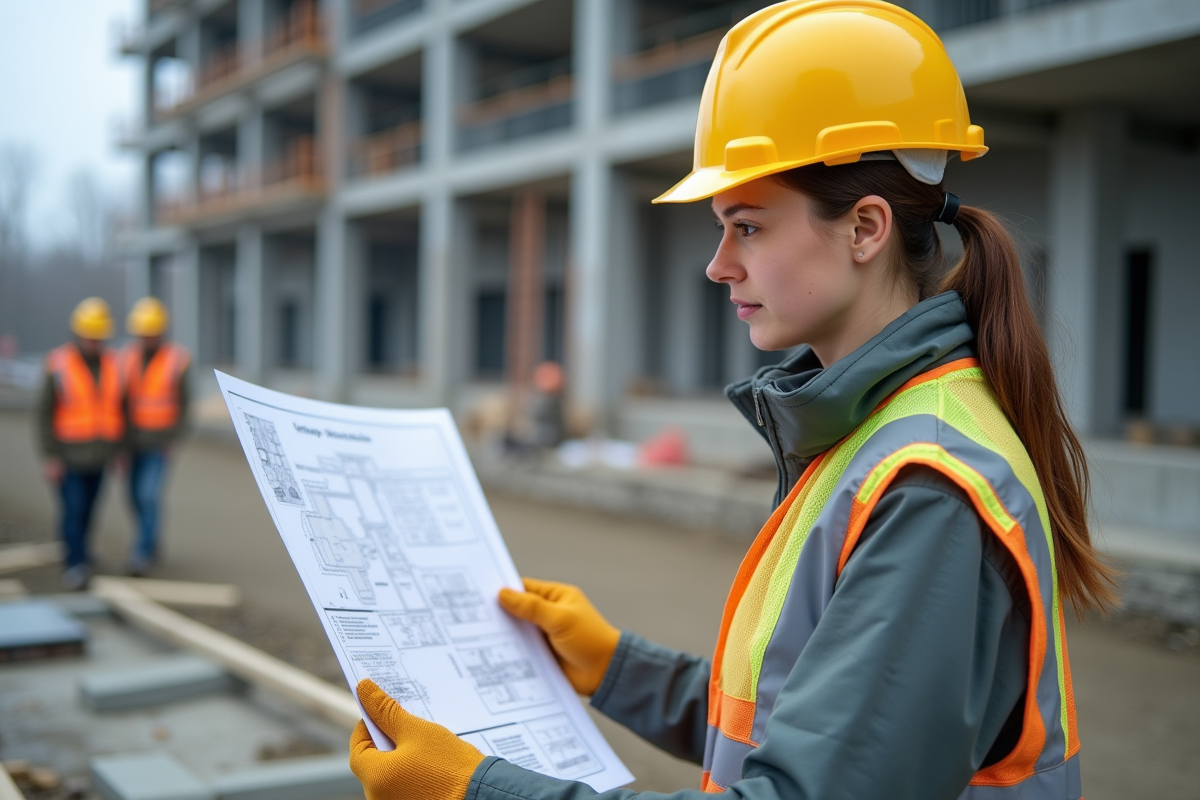 Jeune femme travaillant sur un plan de chantier en extérieur