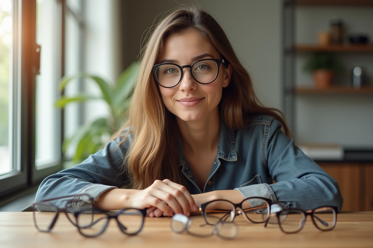 Jeune femme essayant différentes lunettes près d'une fenêtre