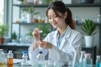 Jeune femme scientifique en laboratoire examinant une boîte de Petri