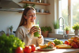 Jeune femme dégustant un smoothie vert dans une cuisine lumineuse