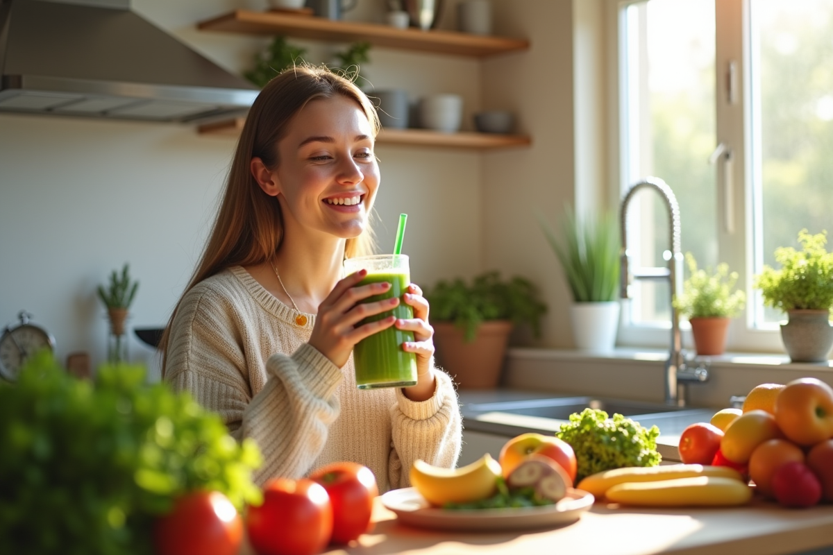 Jeune femme dégustant un smoothie vert dans une cuisine lumineuse