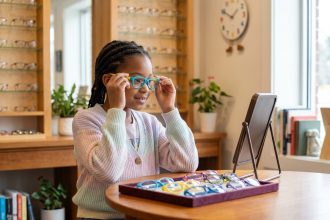 Jeune fille de 8 ans essayant des lunettes colorées dans une boutique d'optique