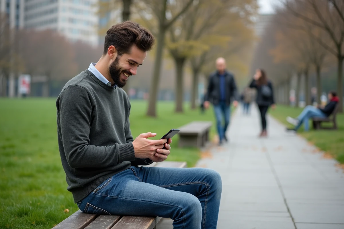 Jeune homme assis sur un banc de parc urbain regardant son téléphone