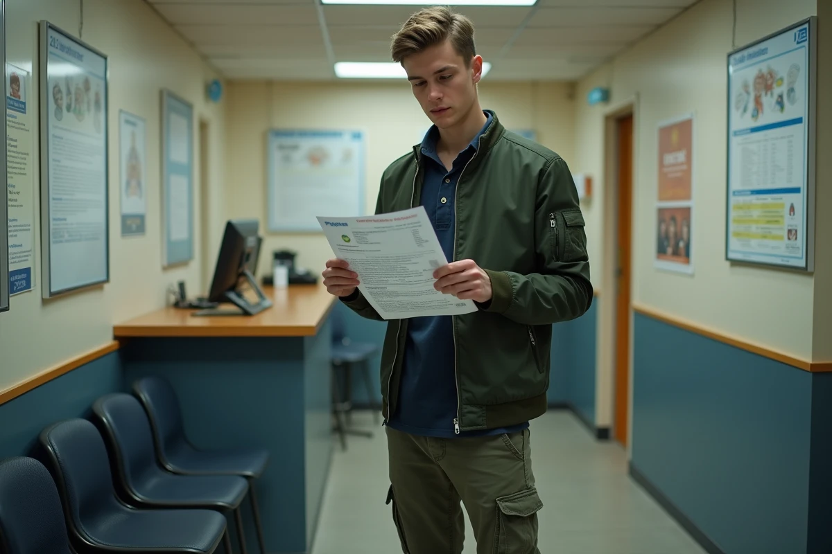 Jeune homme vérifiant ses documents de demande de carte Vitale en bureau