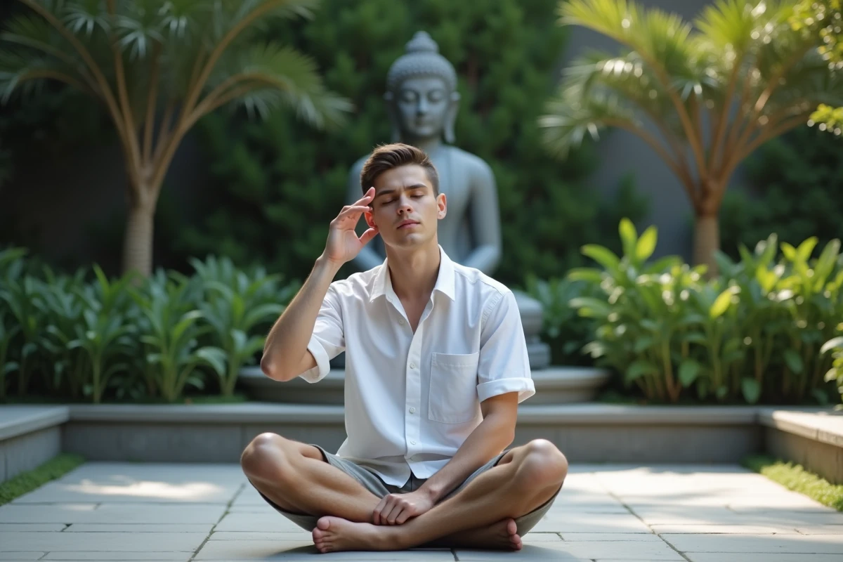 Jeune homme méditant dans un jardin paisible