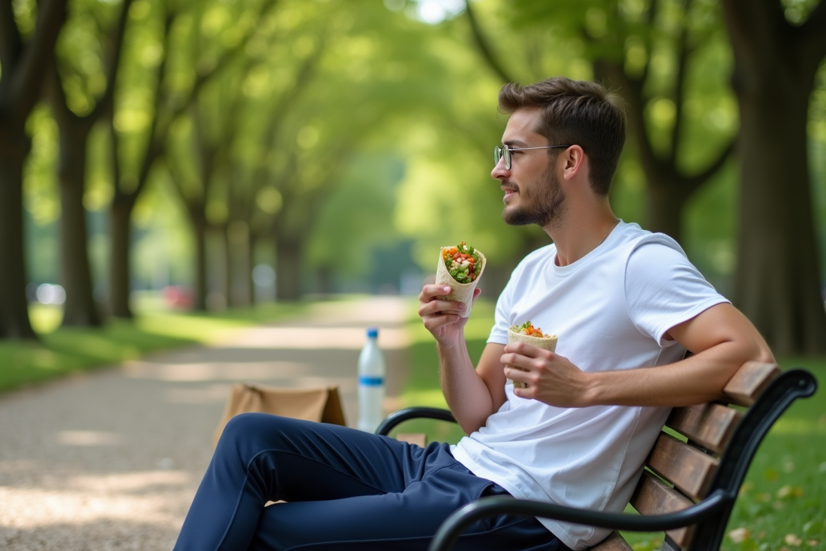 Jeune homme mangeant un wrap dans un parc en plein air