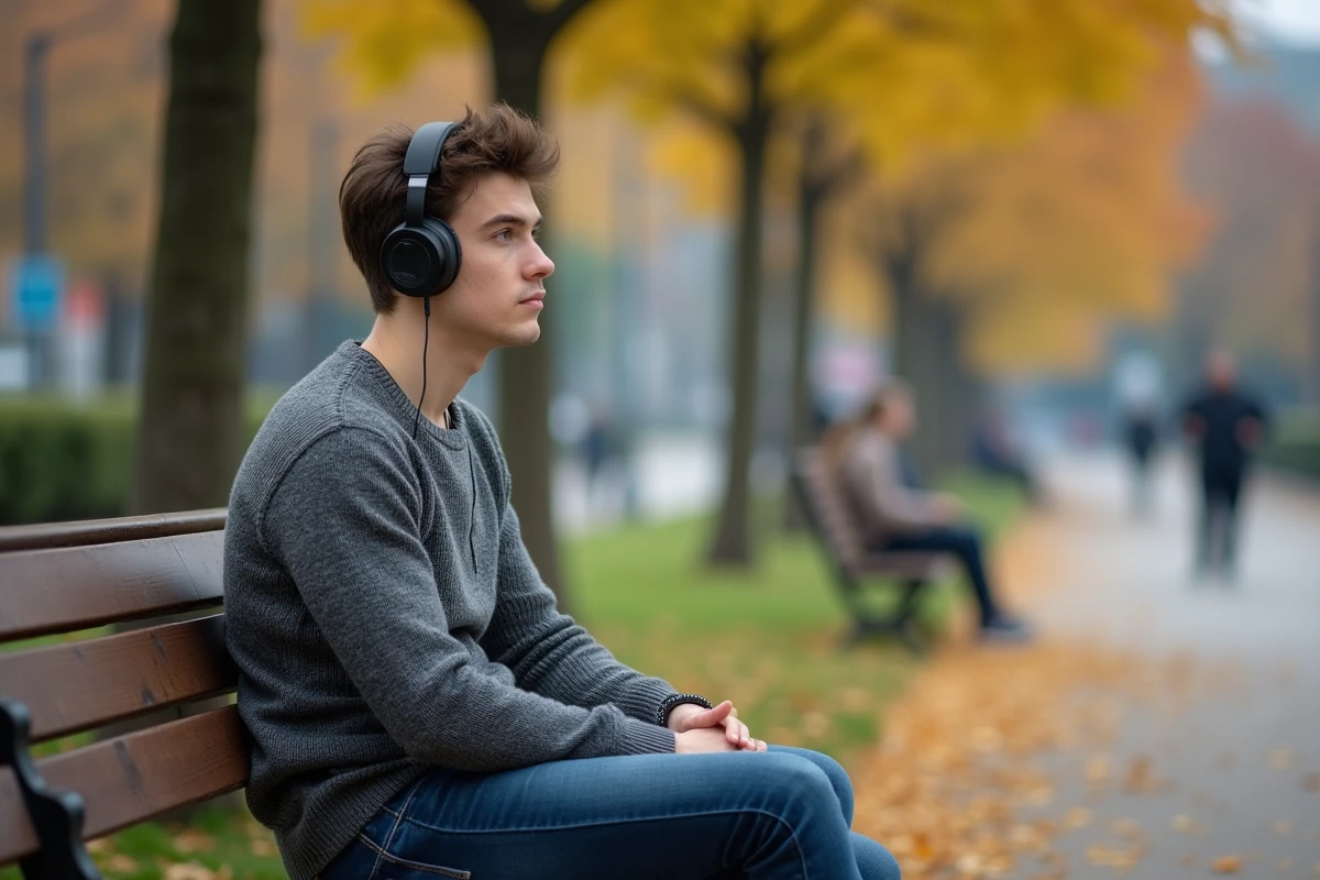 Jeune homme assis dans un parc écoutant de la musique