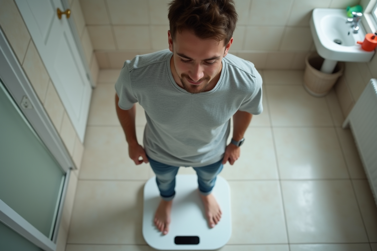Jeune homme sur la balance dans sa salle de bain