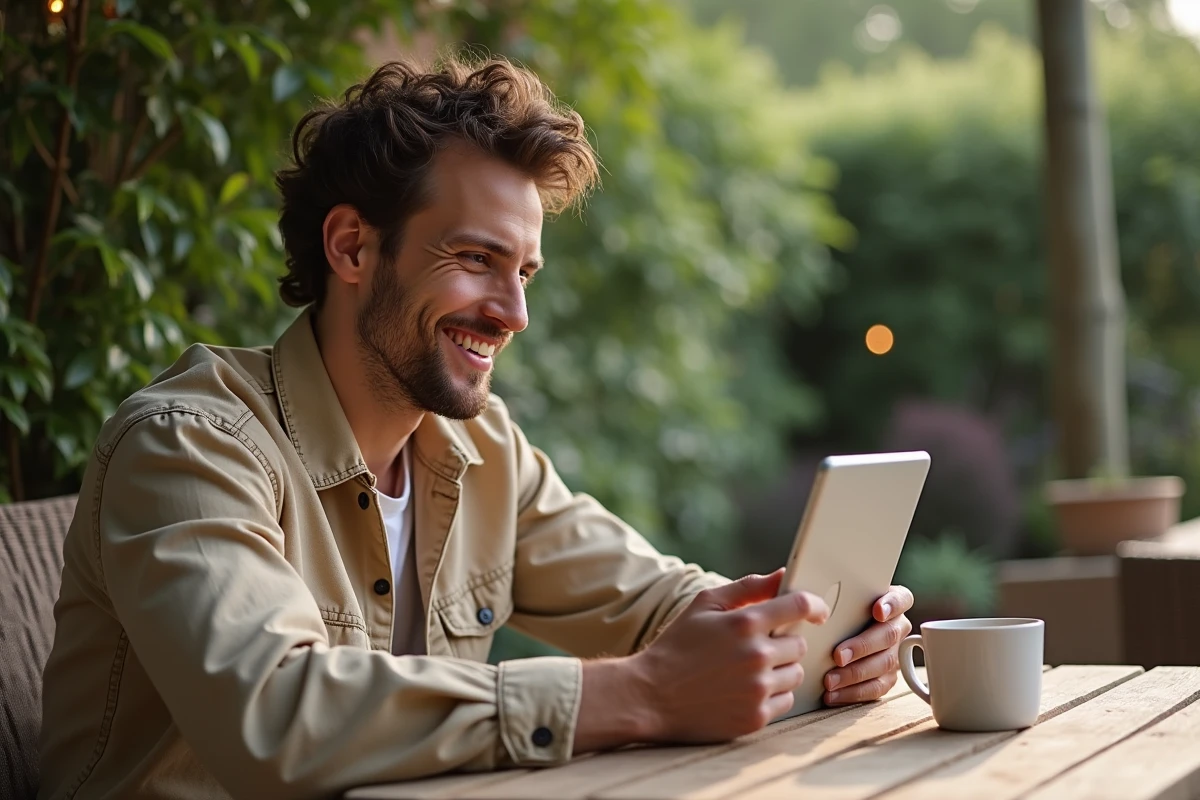 Jeune homme relaxant avec tablette dans un jardin verdoyant