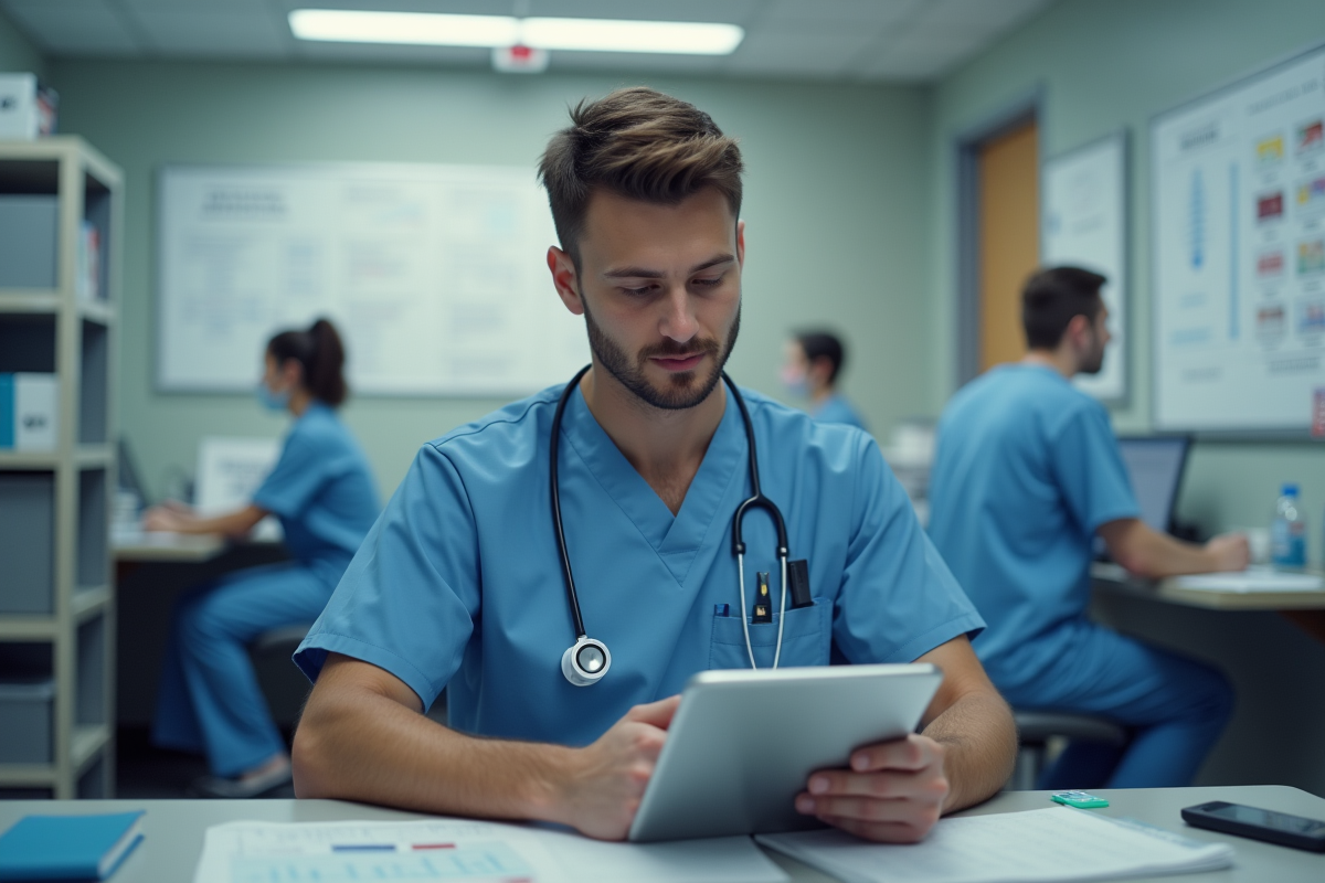 Jeune infirmier vérifiant des dossiers sur une tablette à la station