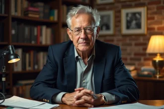 Journaliste senior pensif assis à son bureau, évoquant la maladie, la liberté de parole et la vie privée