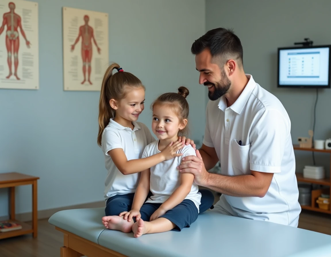 Kinésithérapeute pédiatrique réalisant un suivi avec une enfant dans un cabinet de rééducation moderne