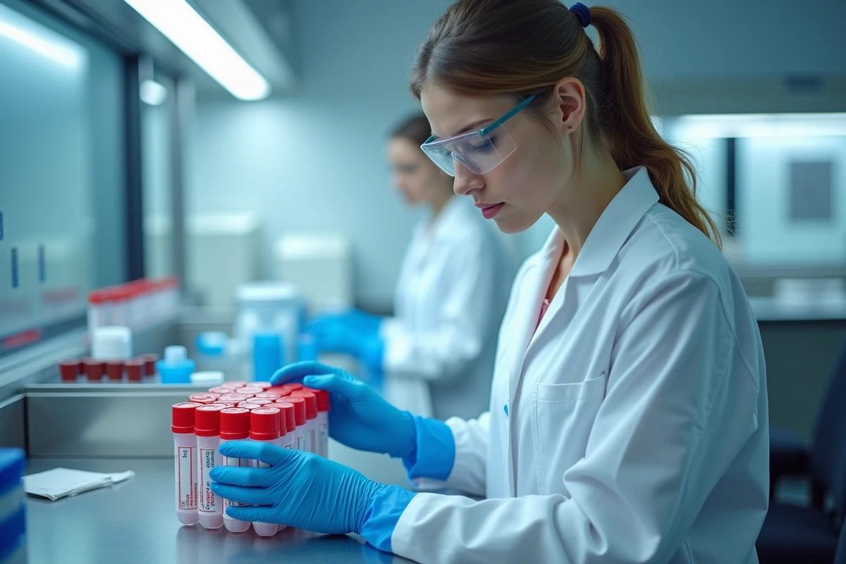 Technicienne de laboratoire manipulant des tubes de prélèvement sanguin pour analyse des marqueurs tumoraux