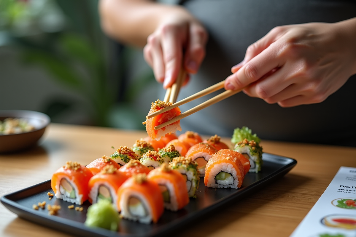 Mains tenant des baguettes au-dessus d un plateau de sushi coloré