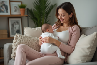 Maman en vêtements confortables avec son bébé sur les genoux dans un salon chaleureux