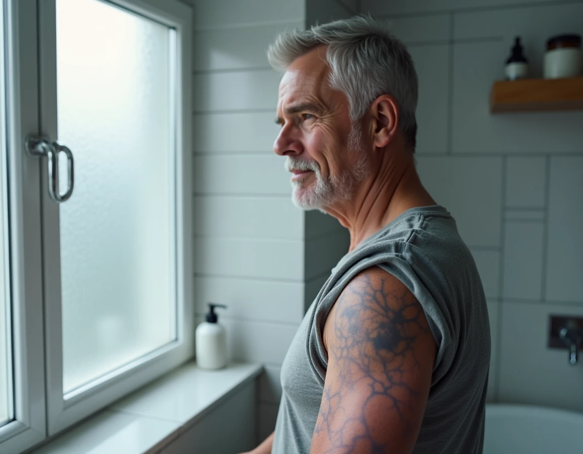 Homme d'âge moyen montrant des marbrures cutanées violacées sur le bras dues au froid dans une salle de bain