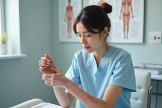 Jeune femme en consultation médicale observant des marbrures cutanées sur son avant-bras dans un cabinet clinique