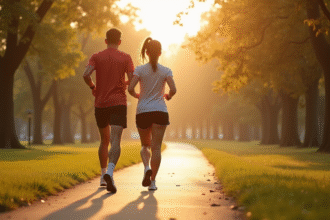 Homme et femme en sport marchant dans un parc ensoleille