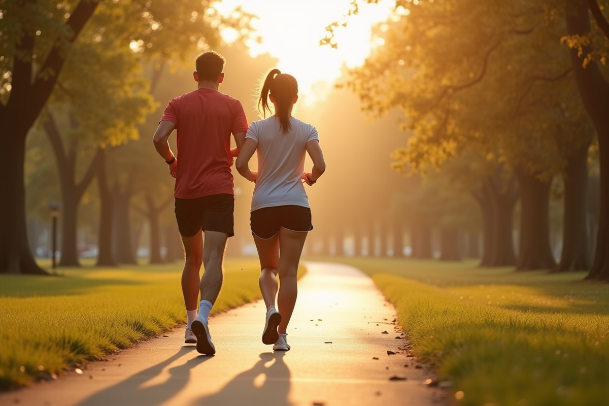 Homme et femme en sport marchant dans un parc ensoleille