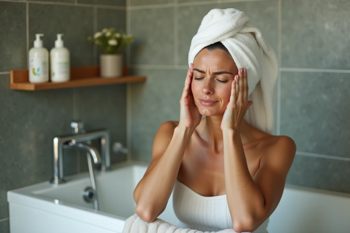 Femme se massant les tempes après une coloration végétale, illustrant les maux de tête post-traitement capillaire