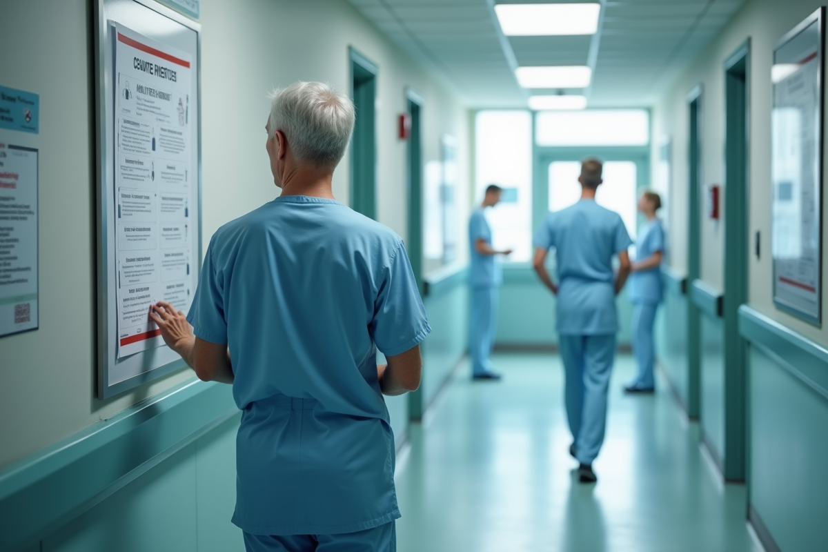 Medecin lisant une affiche dans un couloir d