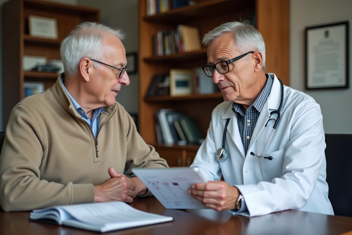 Médecin expliquant les résultats d'analyse sanguine à un patient senior lors d'une consultation