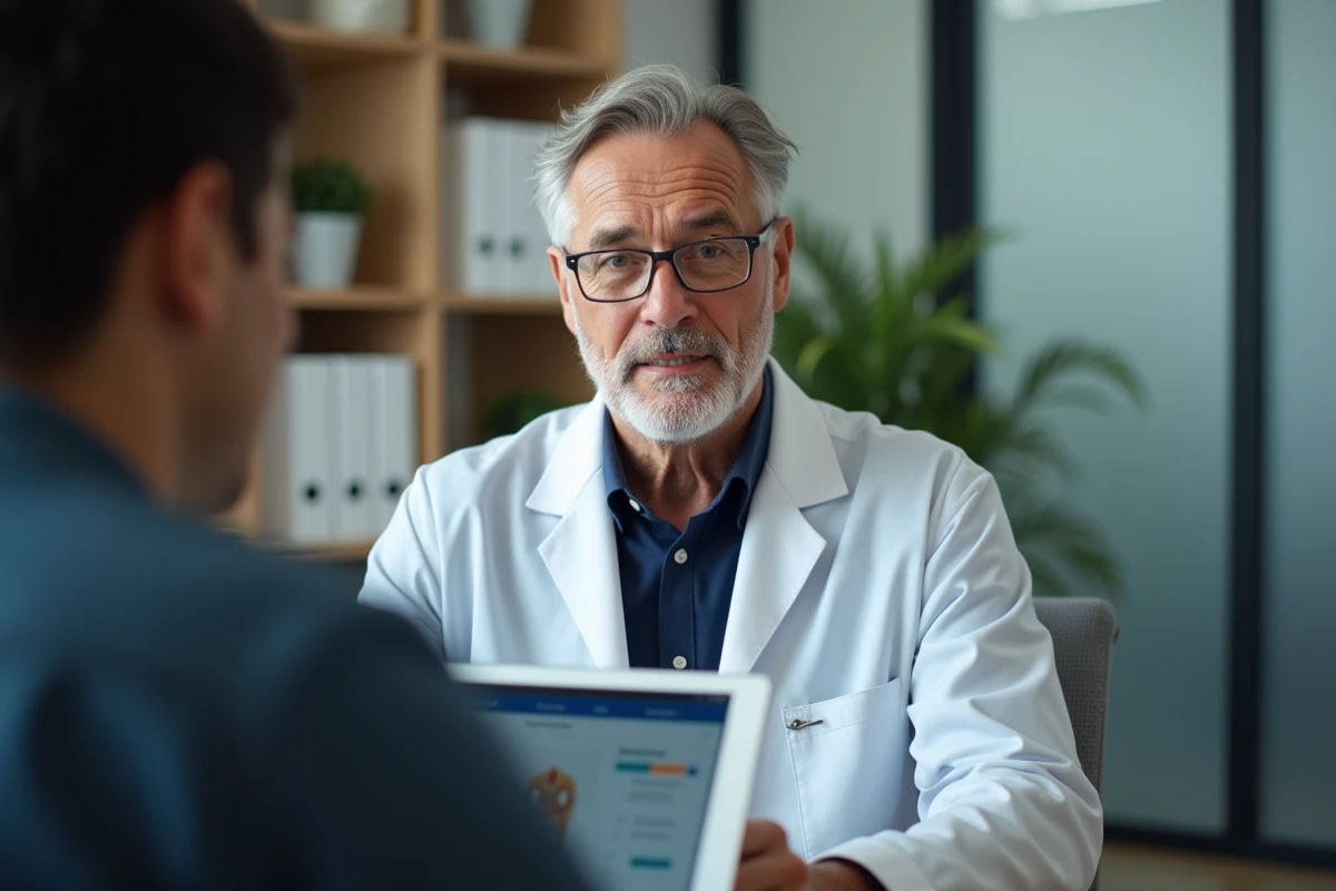 Médecin généraliste analysant les symptômes de vertiges et maux de tête d'un patient sur une tablette numérique lors d'une consultation