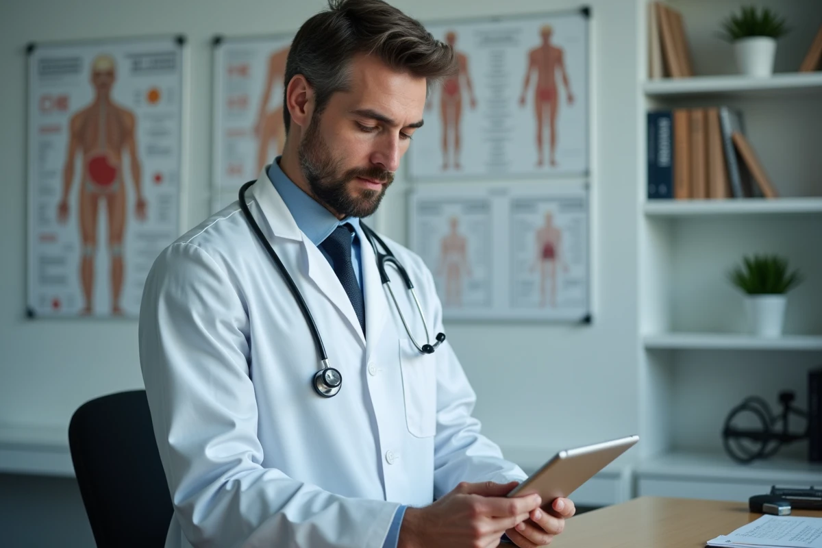 Medecin en consultation examine un rapport médical sur tablette